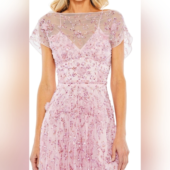 MacDuggal Sheer Embroidered Sequin Embellished Cap Sleeves Dress In Pink Size 18 - Picture 2 of 11